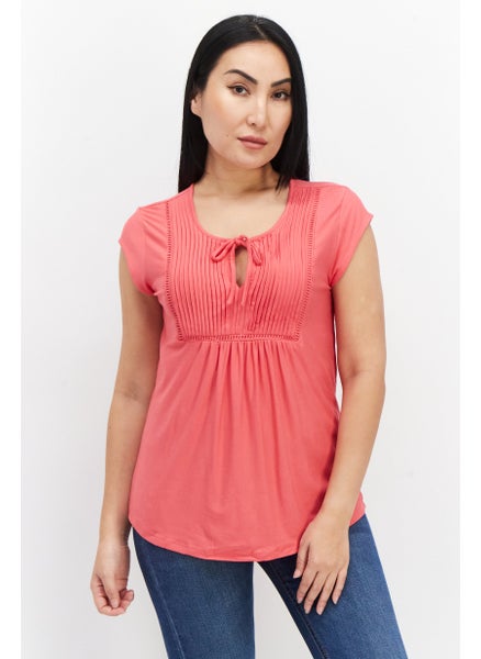 اشتري Women Tie Neck Cap Sleeves Plain Top, Pink في الامارات