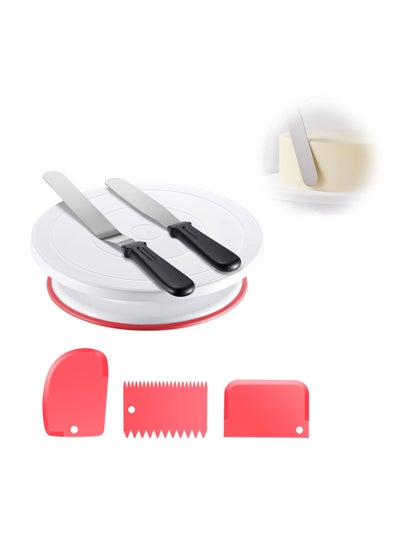 اشتري Cake Decorating Turntable, Baking Supplies Cake Turntable with 2 Frosting Straight Angled Spatula 3 Icing Smoother Scrapers, Revolving Cake Stand Pink Baking Cake Decorating Supplies في الامارات