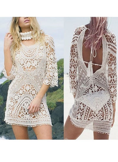 اشتري Swimsuit Coverup for Women Bathing Suit Crochet Hollow Out Coverups V Neck Short Sleeve Beach Bikini Dress في السعودية