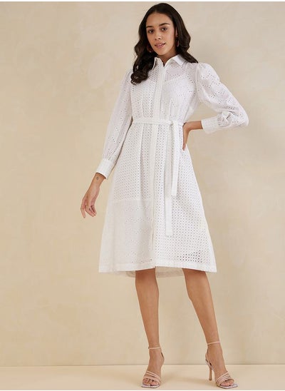 اشتري Schiffli Button Down Collared Midi Shirt Dress with Tie Up Belt في السعودية