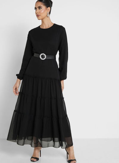 Buy Chiffon Tiered Dress With Belt in UAE