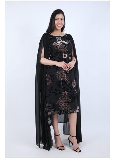 Buy Elegant dress with a short front and long back design, decorated with a belt at the waist, Black in Saudi Arabia