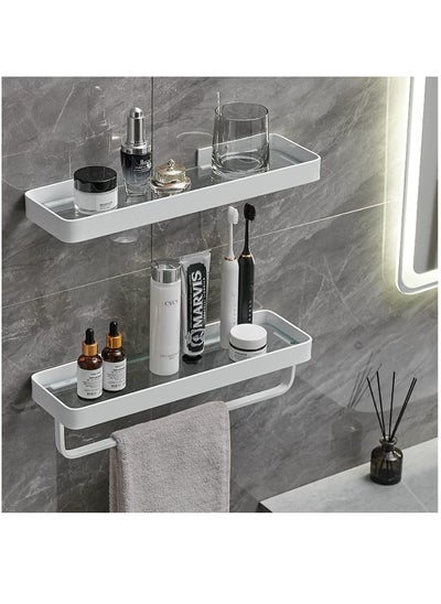 اشتري Bathroom Wall Shelf Black 15.7 in Glass Shelf for Bathroom Floating Shelf with Towel Holder Glass Shower Shelf 2 Tier-White في السعودية