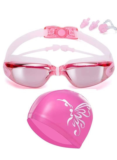 Buy Swim Goggles and Cap Set Swimming No Leaking Anti Fog Uv with Free Protection Case Nose Clip Ear Plugs for Adult Men Women Youth Kids Child Girls in Saudi Arabia