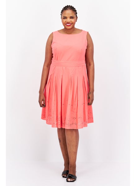 Buy Women Plus Size Embroidered Tie Waist Midi Dress, Fuschia in UAE