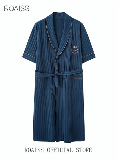 Buy Men's Cotton Nightgown with Waist Belt Short-Sleeved Bathrobes Soft Loose Breathable Robe Loungewear Male Shawl Collar Sleepwear Spring Summer Home Clothes Dark Blue in Saudi Arabia