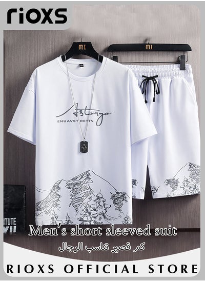 Buy Men's 2 Pieces Summer Sets Trendy Printed T-shirt and Elastic Waist Drawstring Shorts for Daily Wear in Saudi Arabia