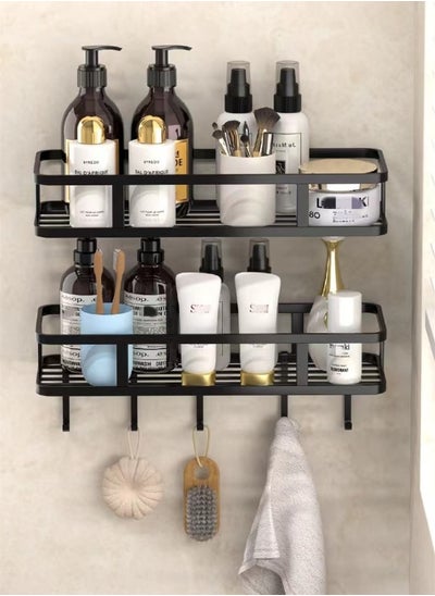 Buy 2-Piece Bathroom Rack Shower Shampoo Organizer Wall Mounted Storage Rack And Hooks Black 30x12x5.5 Centimeter in UAE