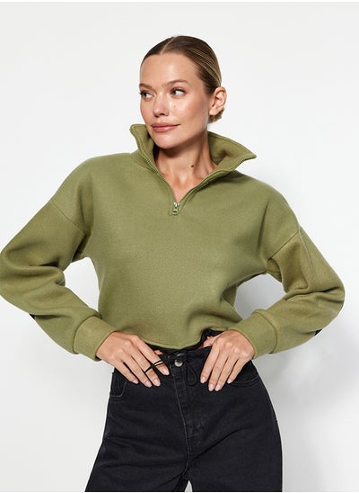 Buy Khaki Parachute Detail Polo Neck Zipper Stopper Fleece Crop Knitted Sweatshirt TWOAW24SW00005 in Egypt