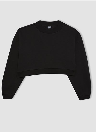 Buy Woman Cropped Fit Crew Neck Long Sleeve Knitted Sweatshirt in Egypt