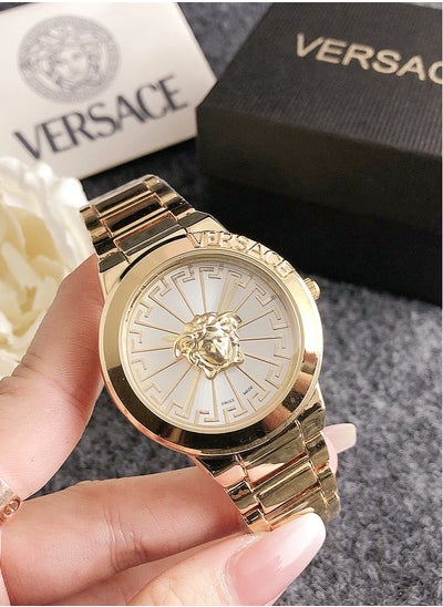 اشتري Versace Women's Cubic Zirconia Classic Fashion Round Quartz Watch with Gold Stainless Steel Strap 38mm Gift في الامارات