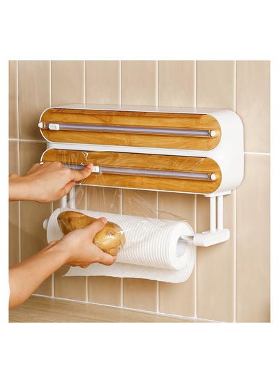 Buy Cling Wrap Dispenser with Cutter & Kitchen Roll Holder - Bamboo Aluminum Foil Organization and Storage in UAE