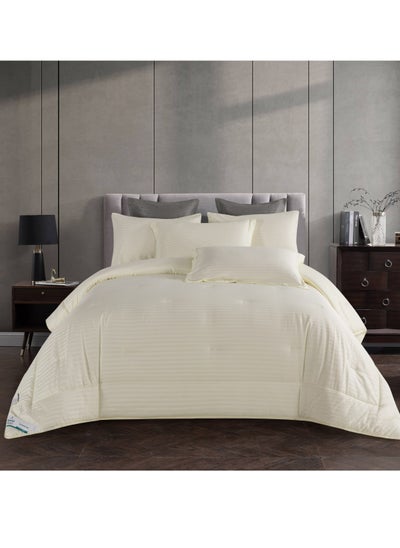 Buy Comforter Set 6-Pcs King Size Hotel Style Thin Striped Bed Set Fits 200x200 Cms (350 GSM) With Down Alternative Filling, Ivory in UAE