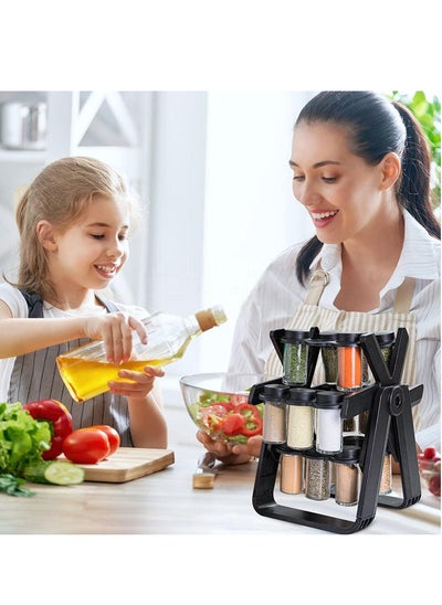 Buy Rotating Spice Rack with 18 Jars and Kitchen Labels Spinning Spice Rack Jar Organizer Rotatable Seasoning Organizer with Labels Durable Black in UAE