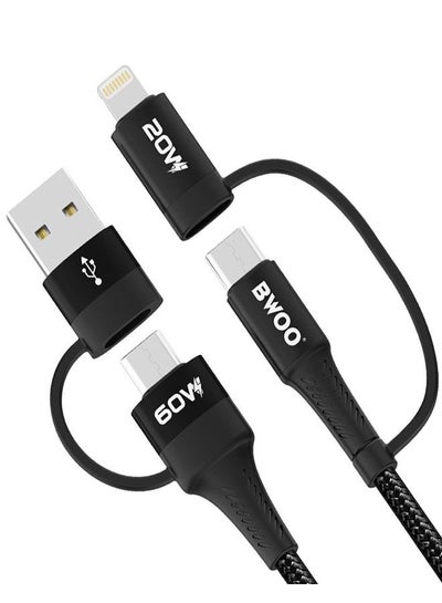 Buy USB C to Multi Charging & Data Transfer Cable Reduced Cables with 4 in 1 PD Convertible Charging Heads Soft Nylon Braided Black cable Type C to Type C Cable USB-C to Lightning Cable in UAE