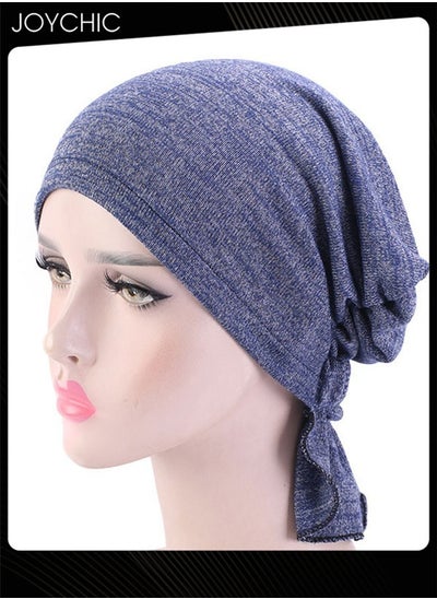 Buy Women Chemo Stretchy Soft Cotton Hat Turban Cap Cover Hair Loss Head Scarf Wrap Pre-Tied Headwear Strech Bandana Navy Blue in Saudi Arabia