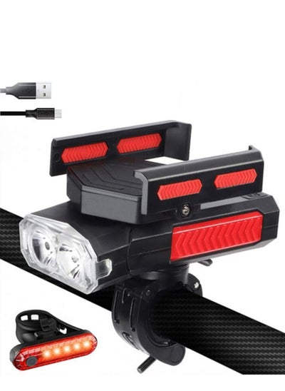 اشتري Bike Light Set with Cell Phone Holder, 5IN1 Bicycle Light with Horn and Phone Charger,Waterproof Bicycle Front Headlight and Back Taillight, 6 Light Modes, Fits All Bicycles,Hybrid, Road, MTB في الامارات