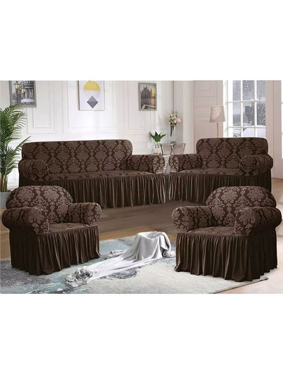 Buy 4 piece 7 Seater(3+2+1+1)Stretchable Sofa Cover Set with Ruffle Skirt Brown in Saudi Arabia