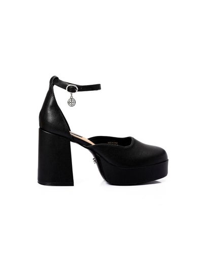 Buy Semi Round Leather Buckled High Heeled Platform - Black in Egypt