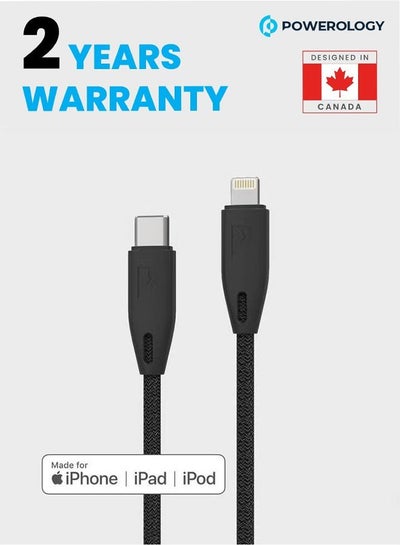 اشتري Powerology Fast Charging Cable [MFi Certified] USB C to Lightning Braided Fast PD Charge 1.2 meter / 4 feet with iPhone 12 Pro Max/12 Mini/12, 11 Pro Max/11 Pro/11, XS Max/XS/XR/X, 8 Plus/8 Black في الامارات