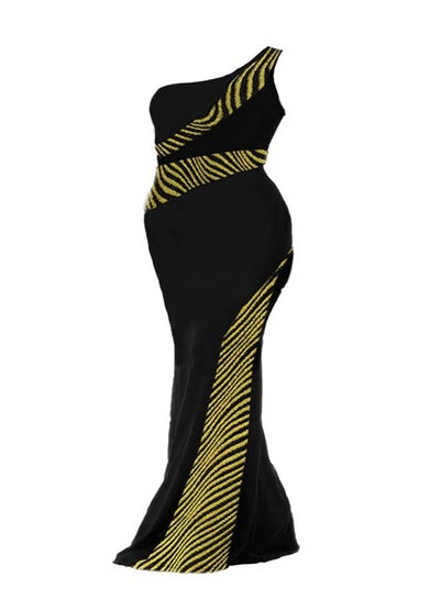 Buy WOMEN`S BLACK ONE SHOULDE DRESS DECORATED WITH A GOLDEN PESOS PATTERN in Egypt