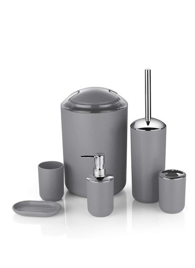 اشتري Bathroom Accessory Set 6 Piece Plastic Gift Bathroom Set Includes Storage Bucket Pail Toilet Brush Toothbrush Holder Soap Dispenser Soap Dish Soap Lotion Set Cup Grey في الامارات