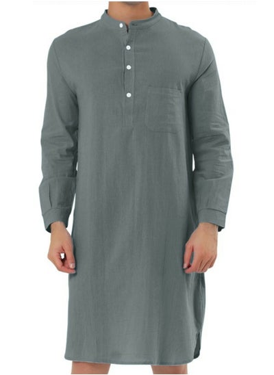 اشتري Men's Muslim Stand Collar Robe Thobe Solid Color Long Sleeve Kaftan Casual Shirt Grey في السعودية