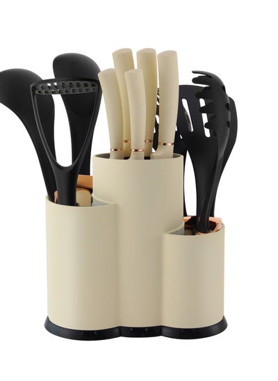 Buy 12 Pieces Kitchen Knife Set with Utensil Set, Stainless steel blades with Sleek storage rack and Non Stick Kitchen Cooking Cutlery Includes Tongs, Spatula, Turner, Ladle, and More in UAE