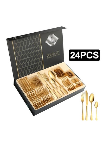 Buy Luxury Gold 24pcs Stainless Steel Cutlery Set Knife Fork Spoon Flatware Set With Gift Box in UAE