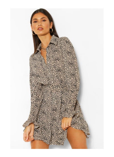 اشتري Spot Print Frill Hem Belted Shirt Dress في الامارات