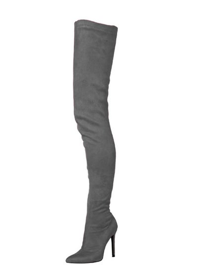 Buy Pointed Knee High Boots For Women Grey in Saudi Arabia