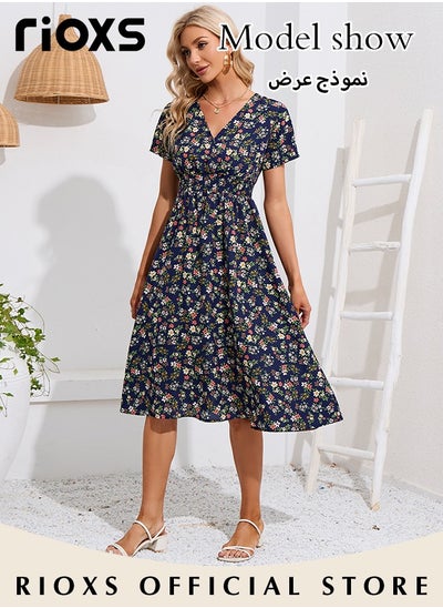 Buy Women's V Neck Short Sleeve Chiffon Summer Beach Dress Floral Printed A-Line Casual Elastic Waist Midi Dress in UAE