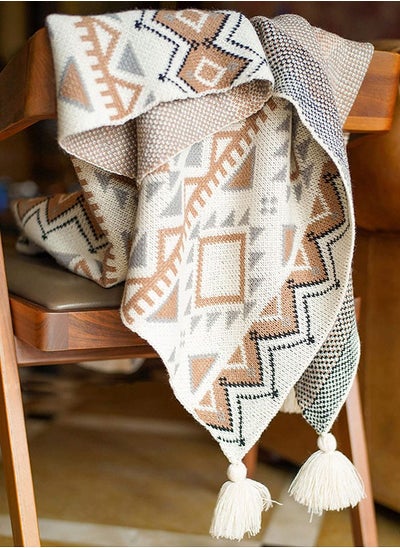 Buy Boho Throw Blanket Knitted Brown Tassel Throw Blankets Soft Lightweight Vintage Tan Sofa Blanket (50x60 Inch) in UAE