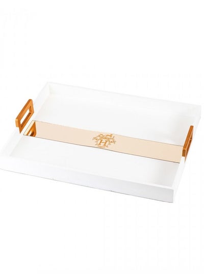 Buy Wooden serving tray white color with gold acrylic pattern in Saudi Arabia