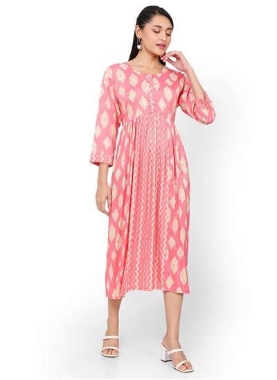 Buy SHORT PRINTED THREEFORTH SLEEVES CASUAL ARABIC KAFTAN JALABIYA DRESS in Saudi Arabia