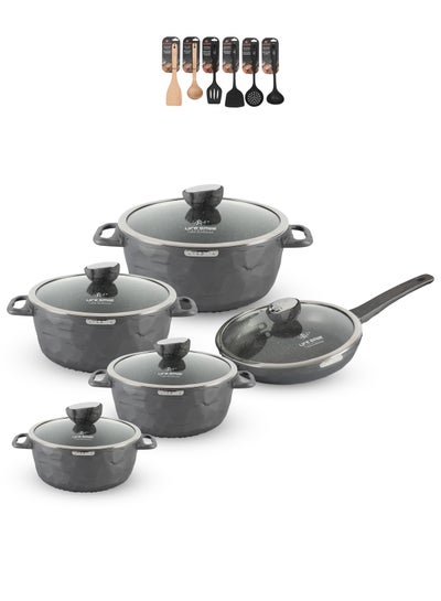 Buy 16Pcs Granite Coated Healthy Cookware Set - Aluminum Cooking Casserrole Set Inclued Casserole (20, 24, 28, 32CM)  French Frying Pan 28CM & Nylon Wooden Tools - 100% PFOA Free in UAE