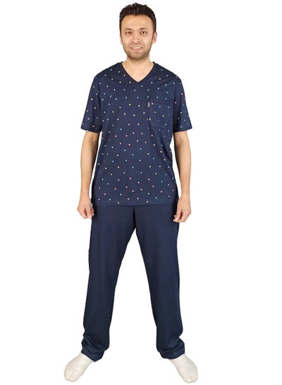 Buy Men Summer Pajama Set Printed Top & Plain Bottom - Navy Blue in Egypt
