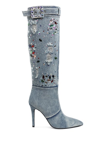 Buy Multi Color Stones Denim Boots in Denim in UAE