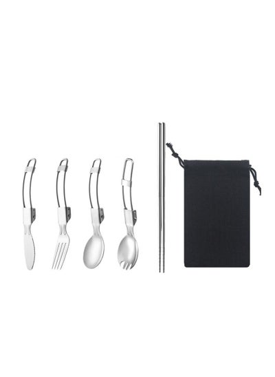 Buy Flatware Set - Stainless Steel Portable Travel Camping Dinnerware Silverware Eating Utensils Outdoor Kitchen in UAE