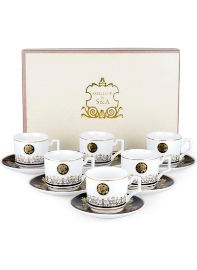 اشتري Shallow Porcelain Ceramic 6-Piece 183Cc Tea Cup Set In White And Black - Elegant Porcelain Cups For Tea Lovers في الامارات