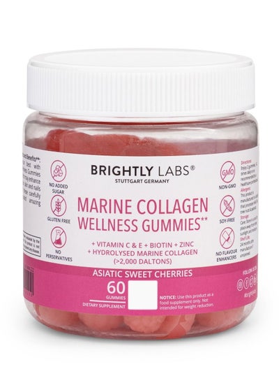 Buy Brightly Labs Marine Collagen  Wellness Gummies, Sweet Cherry Flavor, Sugar Free, Non-GMO and Soy-Free, Hydrolyzed Marine Collagen, Vitamin C and E, Biotin, Zinc, 60 Gummies in UAE