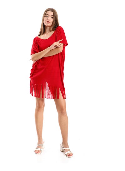 Buy Solid Pattern Red Cover-Up With Decorated Fringes in Egypt