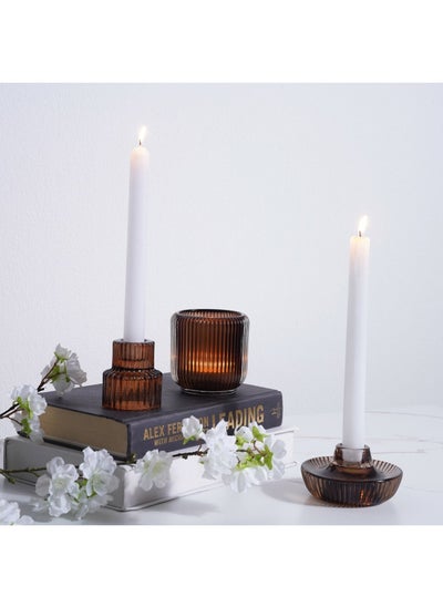 Buy Arthur Glass Double sided Taper and Tealight Ribbed Candle Holders Dia6x6.5cm- Brown in UAE