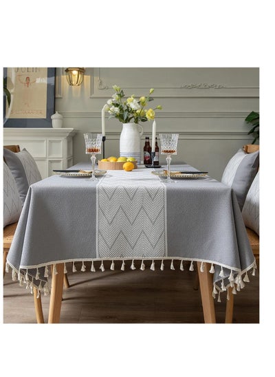 Buy Rectangle Tablecloths, Burlap Table Cloths, Waterproof Knitted Embroidery Textured Tassel Cotton Linen Decorative Oblong Table Cover for Kitchen Dining Room Picnic (55x55 Inch,Grey) in Saudi Arabia