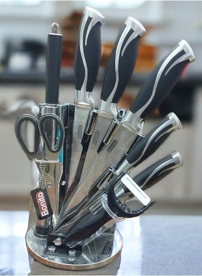 Buy Stainless steel knifes set 9 pieces with 360 degree rotating holder - Bonito in Egypt