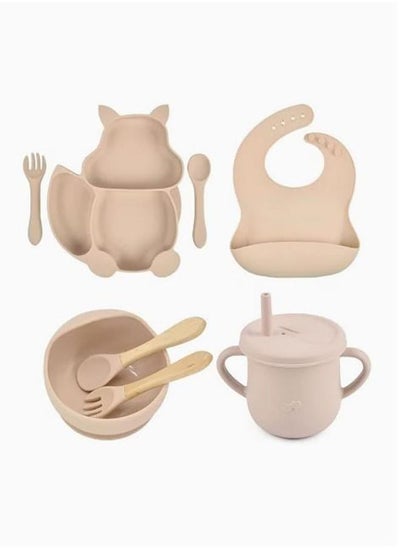 Buy 8 PCS Baby Feeding Set, Food-Grade Silicone Baby Tableware Set, Squirrel Baby Cutlery and Plates Set, Non-slip Infant Dinnerware Set, Baby Self Feeding Utensils in Saudi Arabia