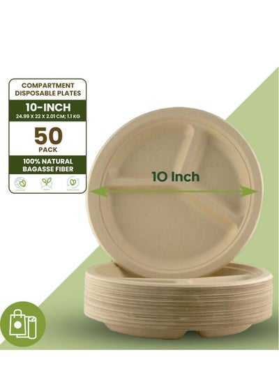 اشتري Ecoway [10 Inch - Pack Of 50] Disposable 3 Compartment Plates Made With Bagasse Sugar Canes Microwave & Freeze Safe, Compostable & Biodegradable Dinner Plates, Everyday Tableware Strong & Large Brown في الامارات