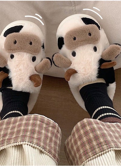 اشتري Soft and Lovely Cow Design Cotton Bedroom Slippers Winter Fashion Female Home Warm Plush Confinement for Women في السعودية