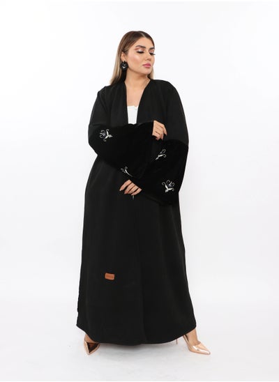 Buy Black abaya with velvet fabric on the sleeves and back, embroidered with colored pebbles in Saudi Arabia