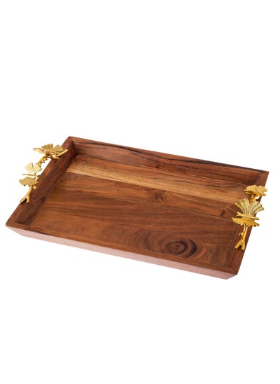 Buy Rectangular wood tray with butterfly decor metal handle in Saudi Arabia